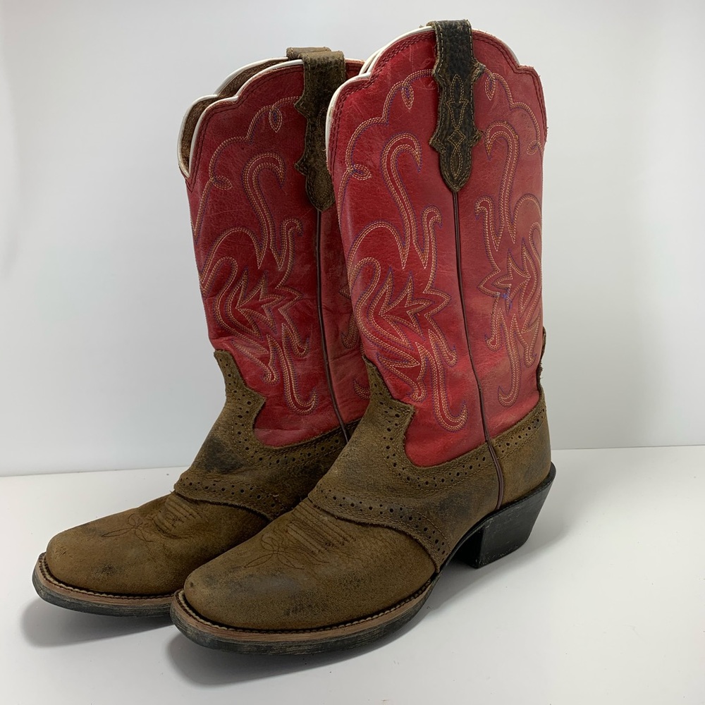 Justin Cowboy Boots 7.5B Square Toe Red Brown - Picture 2 of 7